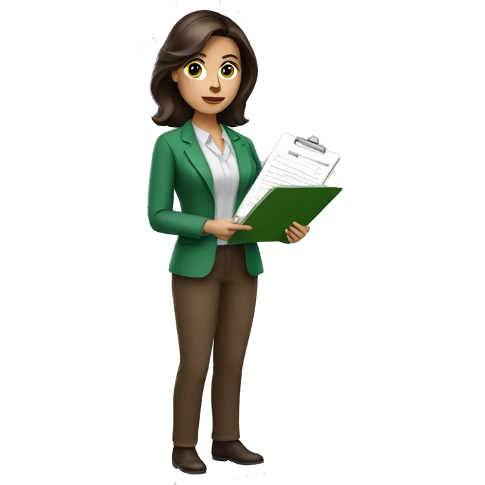 brunette woman psychologist, holding a medical record clipboard, wearing professional clothes with a green blouse and brown pants emoji