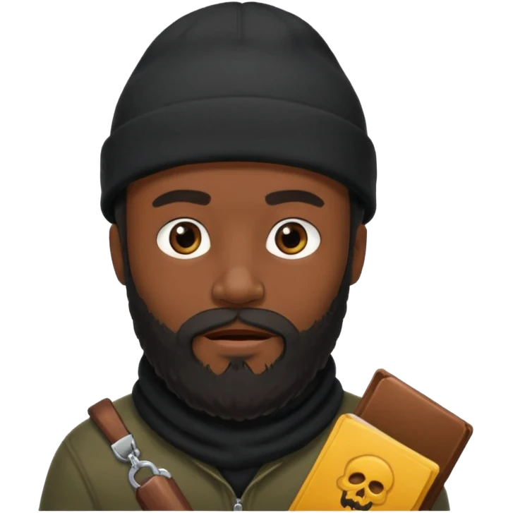 A dark-skinned man with a black beanie, and a full beard, giving him a thief-like appearance. emoji
