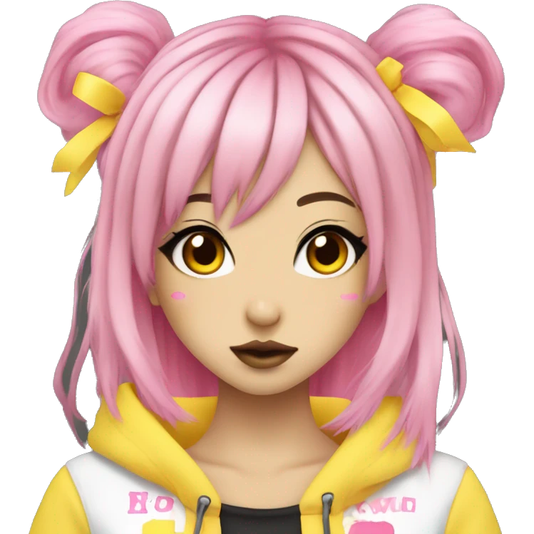 hime gyaru girl, pink and yellow split-dyed hair, dark makeup, punk clothes emoji