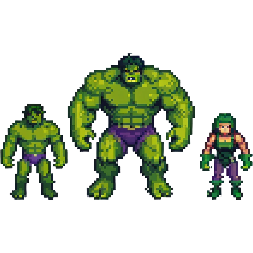 Classic Savage Hulk, Gray Hulk, and Professor Hulk forms in 8-bit style emoji
