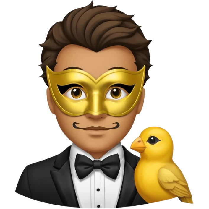 A man facing forward wearing a tuxedo with a yellow canary mask. The canary mask is in the style of a Venetian carnival mask. emoji