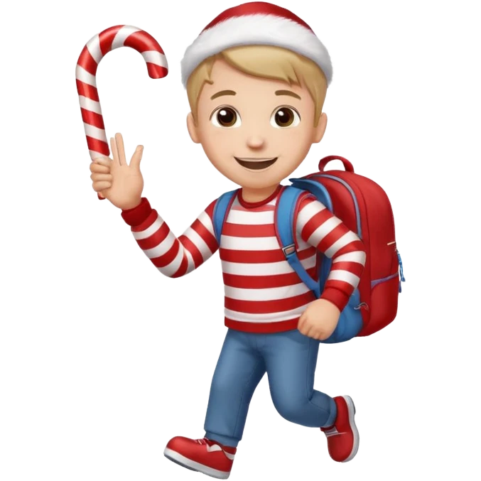 A boy waving a candy cane happily, backpack bouncing as he moves. emoji