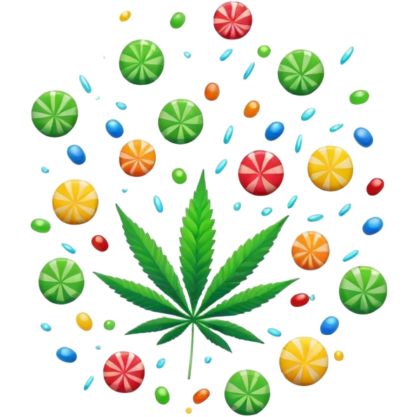 colorful candy raining down with green cannabis leaf in the center emoji