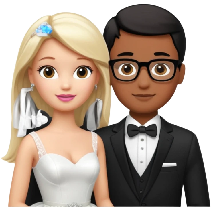 pretty light blonde girl barbie wedding to boy nerd with short black hair and dark tan skin emoji