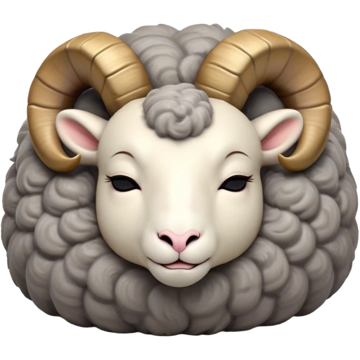 Meme-Worthy Cute Sleeping Ram Portrait Emoji, Head resting peacefully with a contented smile, showcasing a robust build and a luxuriously soft woolly grey fur with gently curled horns, eyes shut in a serene, restful nap, Simplified yet hilariously adorable features, highly detailed, glowing with a soft, drowsy light, high shine, relaxed and utterly lovable, stylized with an air of playful laziness, bright and heartwarming, soft glowing outline, capturing the essence of a comically sleepy ram, so meme-worthy it feels like it could instantly become the next viral sensation of adorable slumber! emoji