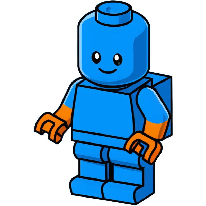 A cartoon blue Lego brick character with arms, legs and a friendly face emoji