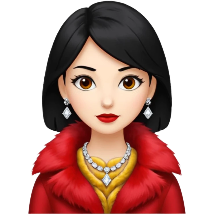 * Character: A stylish lady,black hair
* ﻿﻿Clothing: A luxurious red fur coat
* ﻿﻿Accessories: A dazzling diamond necklace
* ﻿﻿Expression: Confident, elegant, maybe slightly glamorous
* ﻿﻿Pose: Head slightly tilted or a poised posture
* ﻿﻿Style: Emoji-like, simple but expressive emoji