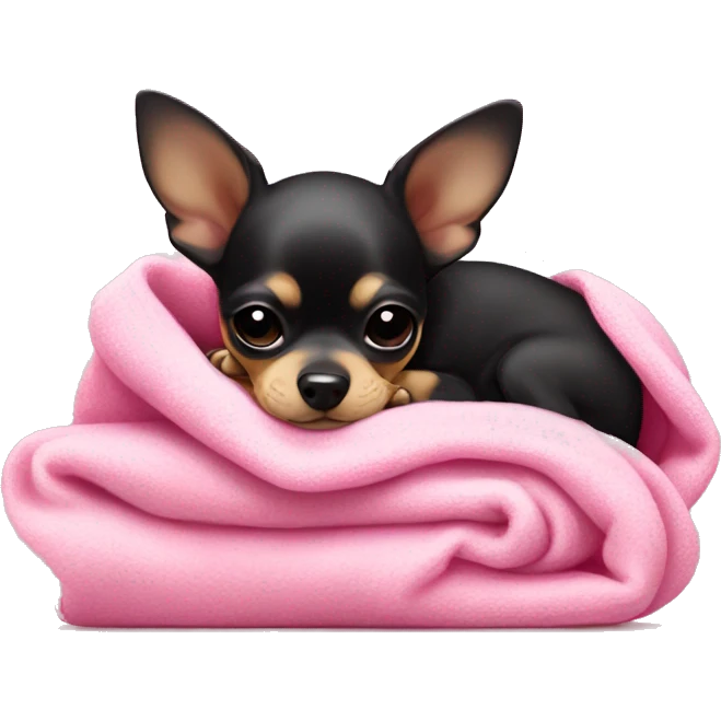 black & tan chihuahua puppy sleeping with a pink blanket  emoji