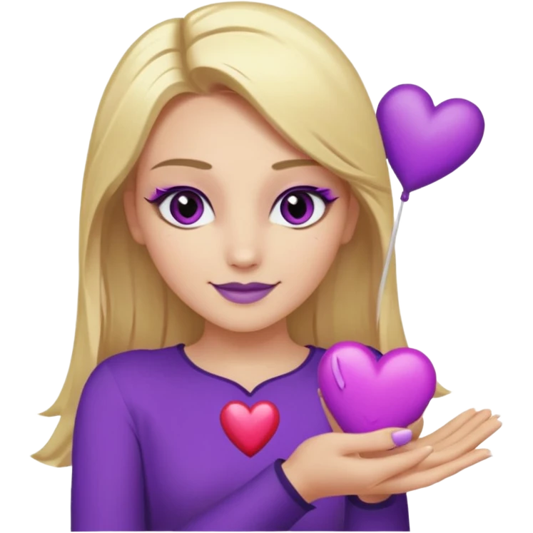 twitch emote, kinda chibi style. blonde hair: long, straight, no bangs. gray eyes. an eyebrow with a slit. purple eyeshadow/eyeliner with gold eyeshadow. only face and arms, hands visible. happy, holding a purple heart. white background. emoji