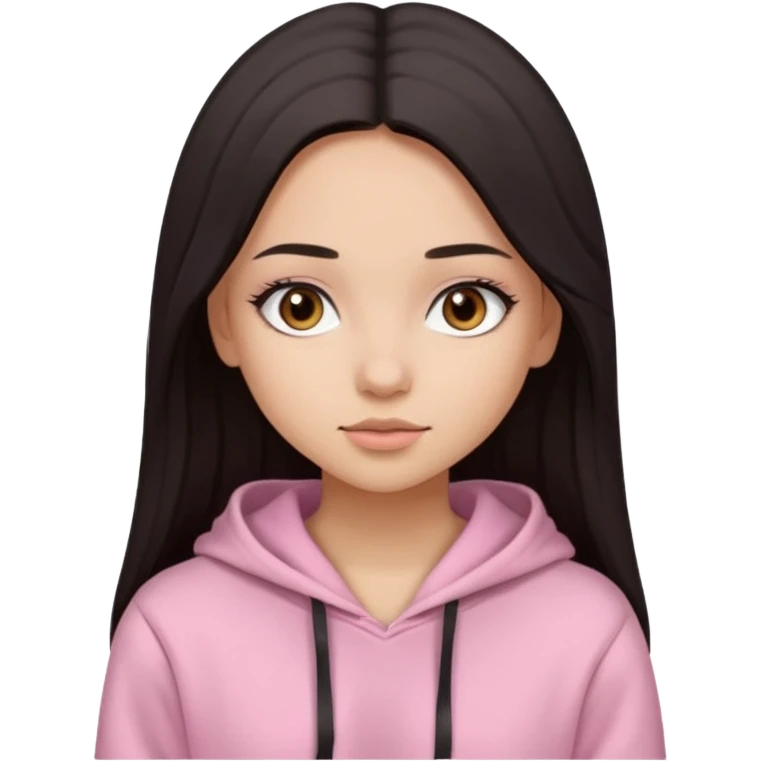 A pretty girl with light skin and long straight black brown hair, wearing a very light pink basic hoodie with brown eyes and makeup and a round face emoji