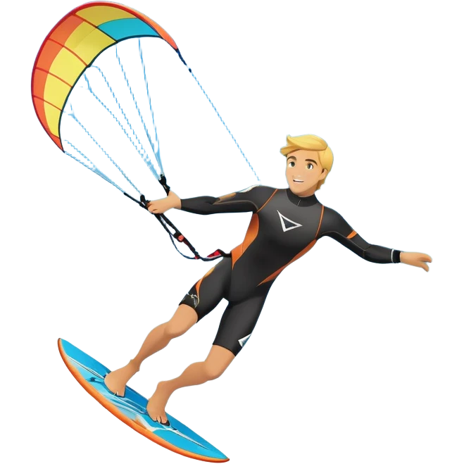 An athlete in a wetsuit riding a kiteboard, soaring over the sea waves with the kite high in the sky. The background features a vibrant blue sky and crashing ocean waves, capturing the thrill and freedom of kitesurfing in dynamic motion. emoji
