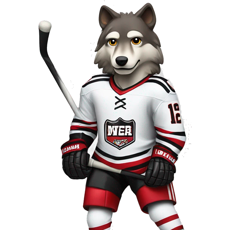 A wolf hockey player in a white red and black uniform holds a puck emoji