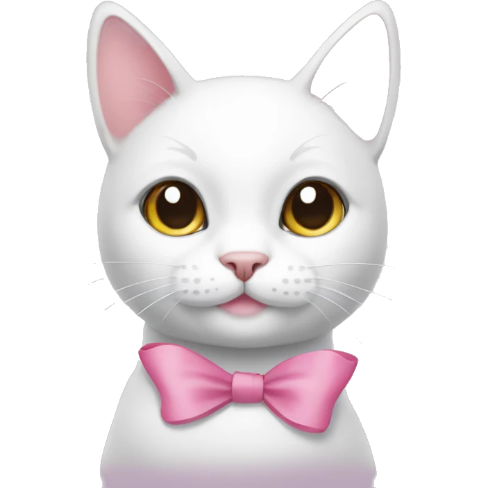 white cat with grey spot on head smiling with a pink bow  emoji