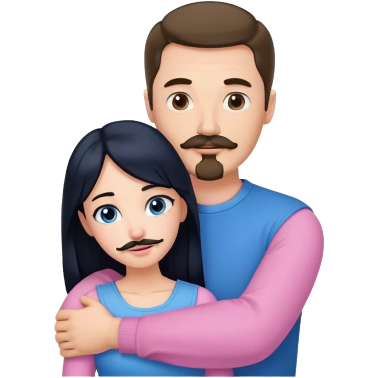 Tall white man with brown mustache goatee wearing blue hugging a short pale woman with long black hair wearing pink emoji