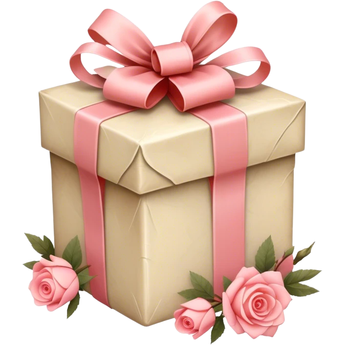 A weathered parchment-wrapped gift, secured with a Cherry Blossom Pink silk bow, lies nestled among dried sprigs of Coral Pink and Champagne Pink roses, their scent mingling with the faint trace of pastel pink aged paper.  emoji