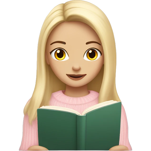 Pretty amber eyed white girl with light pink sweater reading cozy emoji