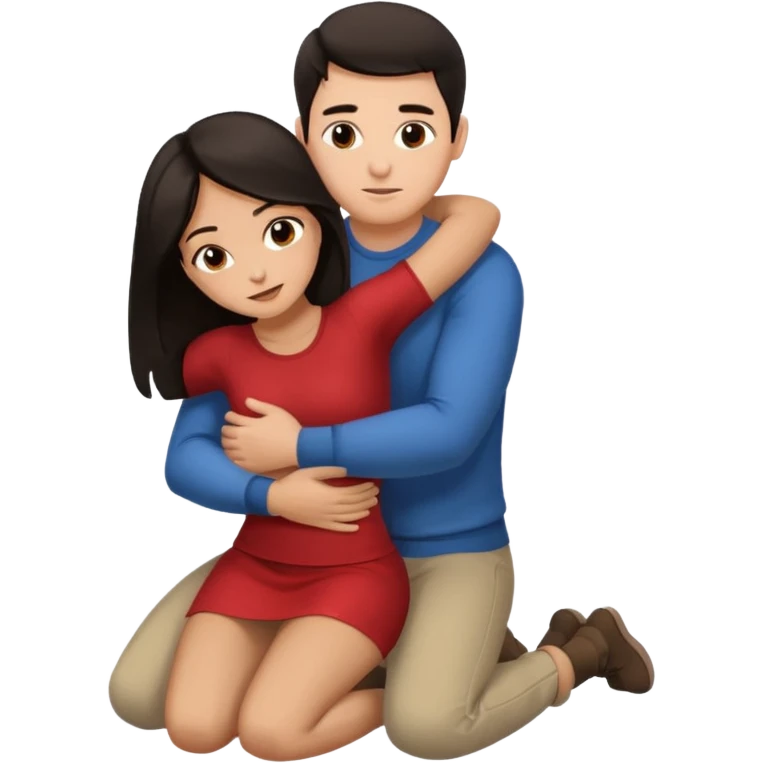 man with dark hair on knees, facing dark haired standing woman, hugging her waist emoji