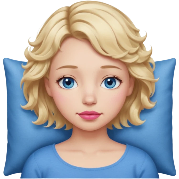 Girl Blonde short wavy hair,  blue eyes, cute blue top, long lashes, pink lips, sleeping emoji