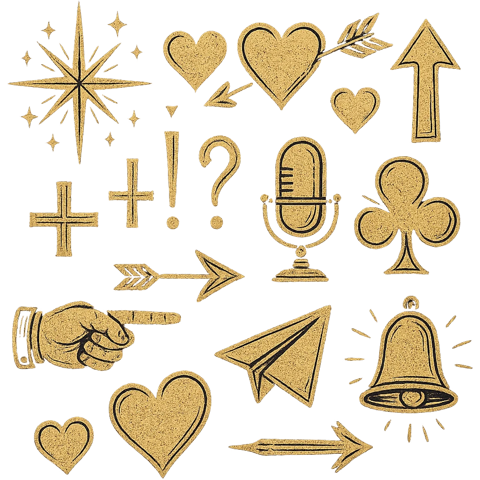 lights, hearts, arrows, punctuation marks, mathematical signs, microphone, telegram airplane, finger points, bell, all in tarot aesthetics with a dark purple gradient to light purple background emoji