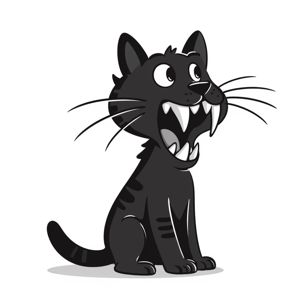 sketch of a tiny saber-toothed cat with 8-inch-long fangs that are enormously disproportionate to its small body, absurdly long teeth emoji