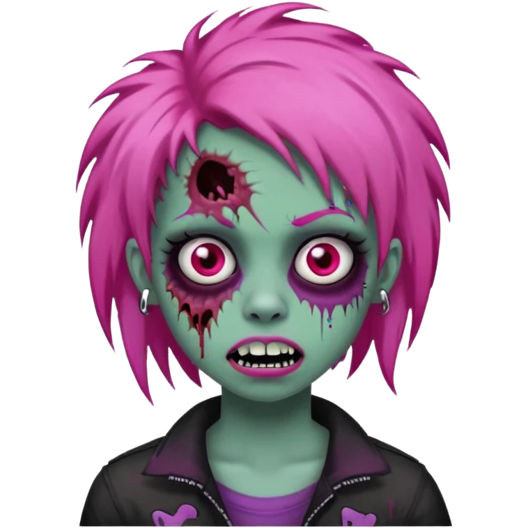 girl, zombie, pink coily hair, medium long, emo, shaggy, dark, spooky, piercing on eyebrow, colourful teeth, creepy blank expression emoji