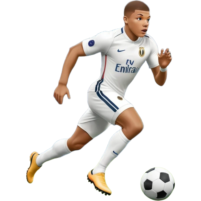 An icon showing Kylian Mbappé running with the ball on a football field during a match. The design captures his speed and focus, with dynamic motion lines and a vibrant background of the field and stadium lights. Transparent background emphasizes the action. emoji