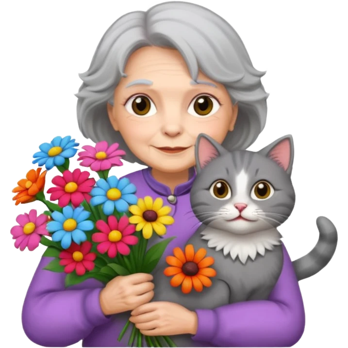 old woman holding bouqet and cat emoji
