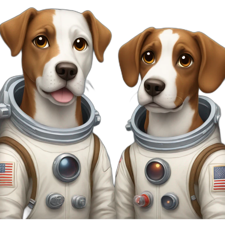 Two dogs, one brown and the other white with brown spots, both wearing astronaut suits. emoji