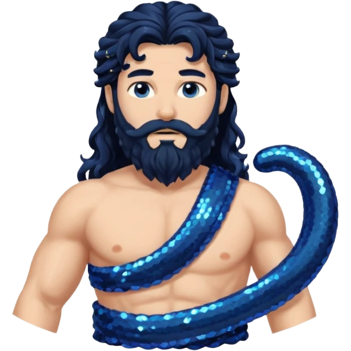 Neptune, God of Sea from Roman Deities with long jet black wavy hair and beard, dark blue sequin toga emoji