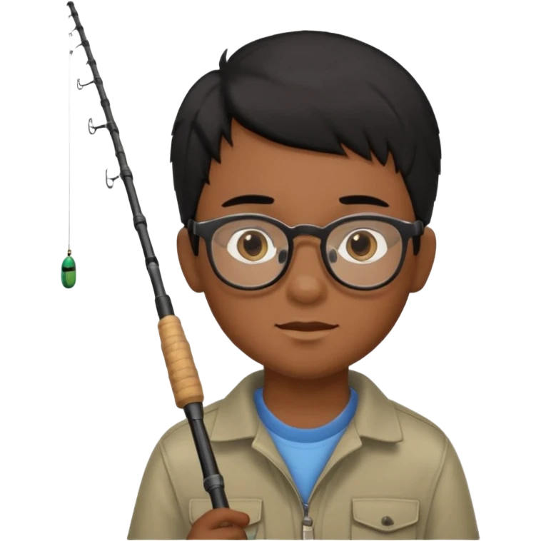 boy with brown skin, glasses, straight black hair, brown eyes, and a fishing pole  emoji