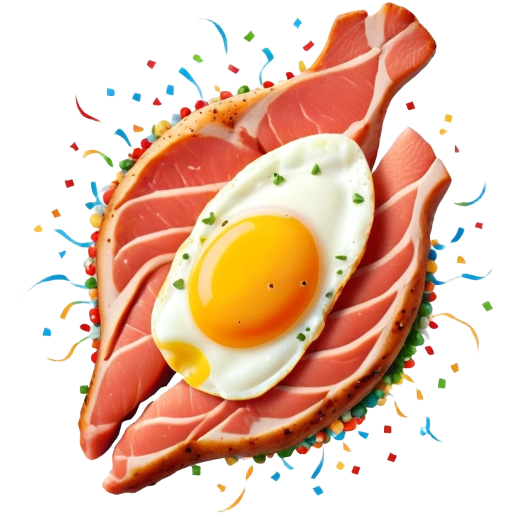 Protein party explosion with chicken breast, red meat steak, salmon fillet, and egg bursting upward from center like fireworks, with the largest chicken piece in front, DNA strands spiraling around them, and muscle silhouette in background emoji