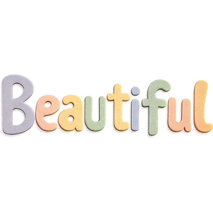 the word 'Beautiful' in soft pastel rainbow colors, quirky handwritten font, kawaii style, no outline, 3D paper-craft effect emoji