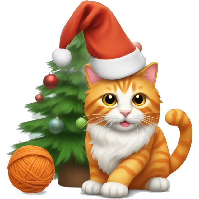orange cat with a santa hat playing with yarn by a christmas tree emoji