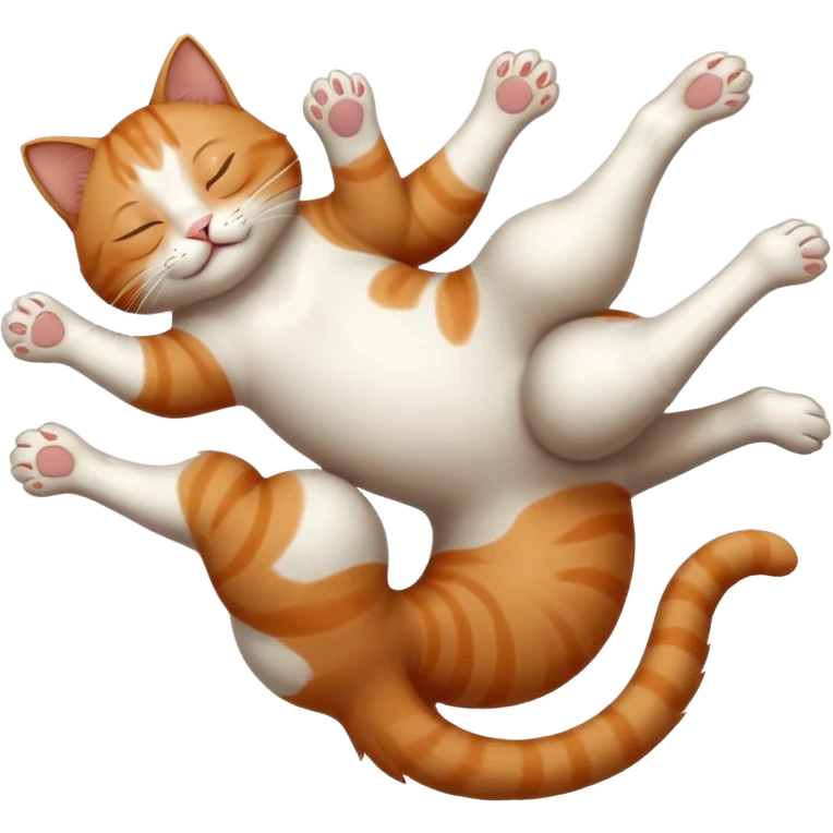 ginger and white small cat eyes closed lying down upside down with paws stretched out straight in different directions emoji