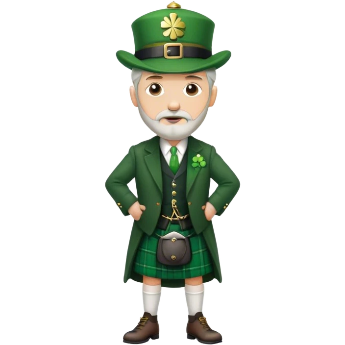 Tall grey haired man with goatee wearing a green peaky hat and kilt st. Patrick’s Day emoji