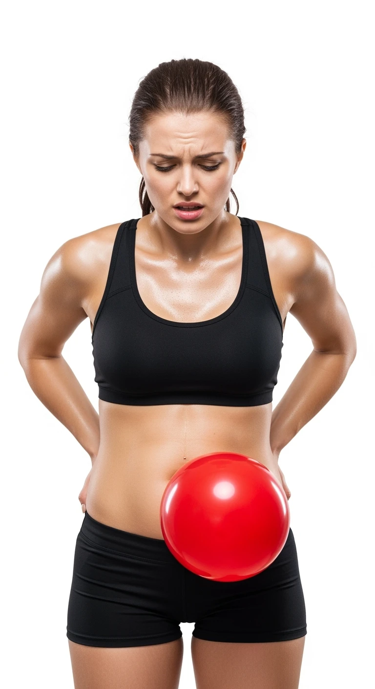 DONNA FITNESS CON PANCIA GONFIA, PALLONCINO ROSSO SULLA PANCIA ED ESPRESSIONE DI DOLORE IN VOLTO, iperrealistico 4k, ISOLATA SU SFONDO BIANCO emoji
