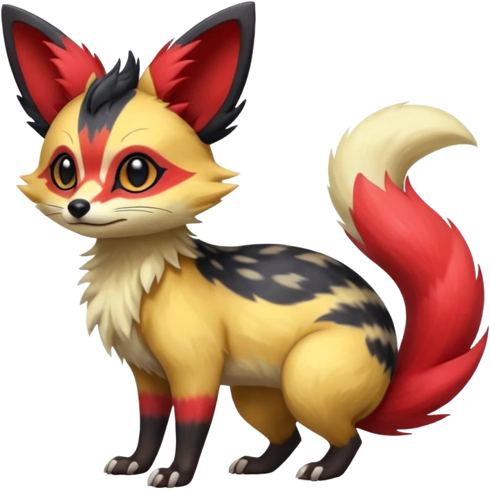 Rare realistic cool cute epic aesthetic colorful Fennekin-Zorua-Civet-Genet-species-Fakemon-hybrid-creature, with markings, full body emoji