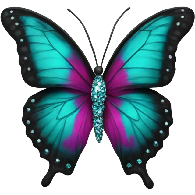 Realistic dark turquoise and black butterfly with magenta accents and rhinestones on it. emoji