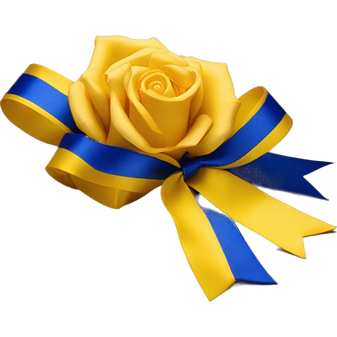 Royal blue and gold ribbon tied around the stern of a yellow tea rose emoji