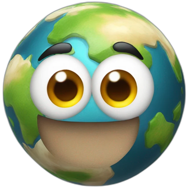 3d sphere Earth with a cartoon courageous skin texture with big playful eyes emoji