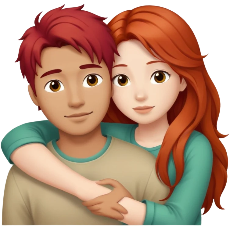 red haired girl hugging long haired asian guy emoji