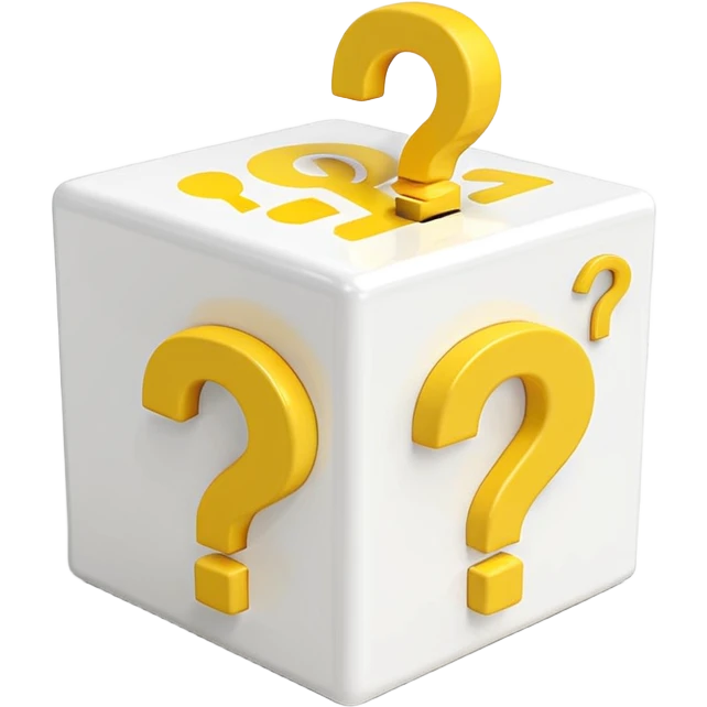 white cube shaped box printed with "q&a" over stuffed with yellow question marks emoji