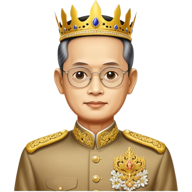 Cinematic Realistic King Bhumibol Adulyadej Portrait Emoji, depicted as a revered Thai monarch with a dignified expression and traditional royal attire, rendered with lifelike textures and soft regal lighting that captures his lasting legacy. emoji