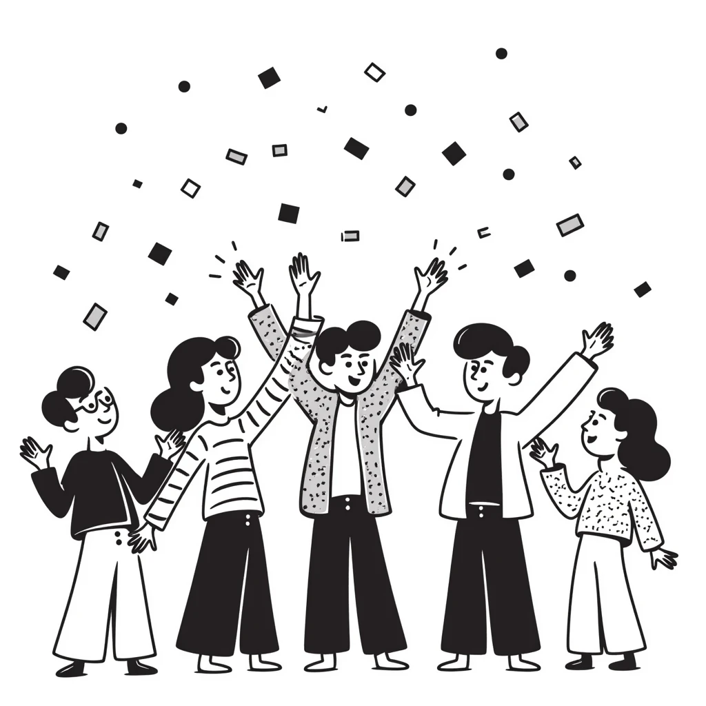 sketch of Texans celebrating victory in Mexico City, hand-drawn lines, confetti emoji