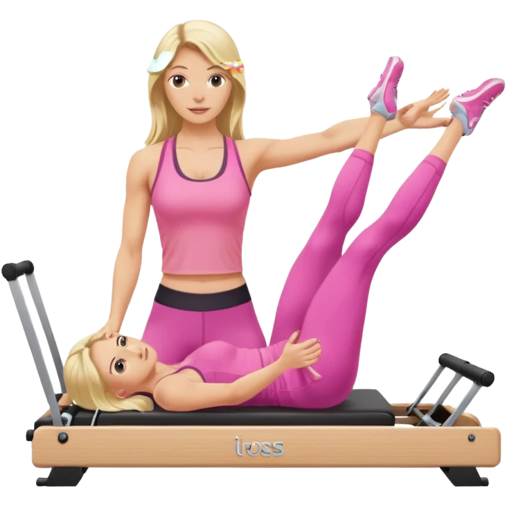 long haired blonde pilates instructor teaching reformer in pink set emoji