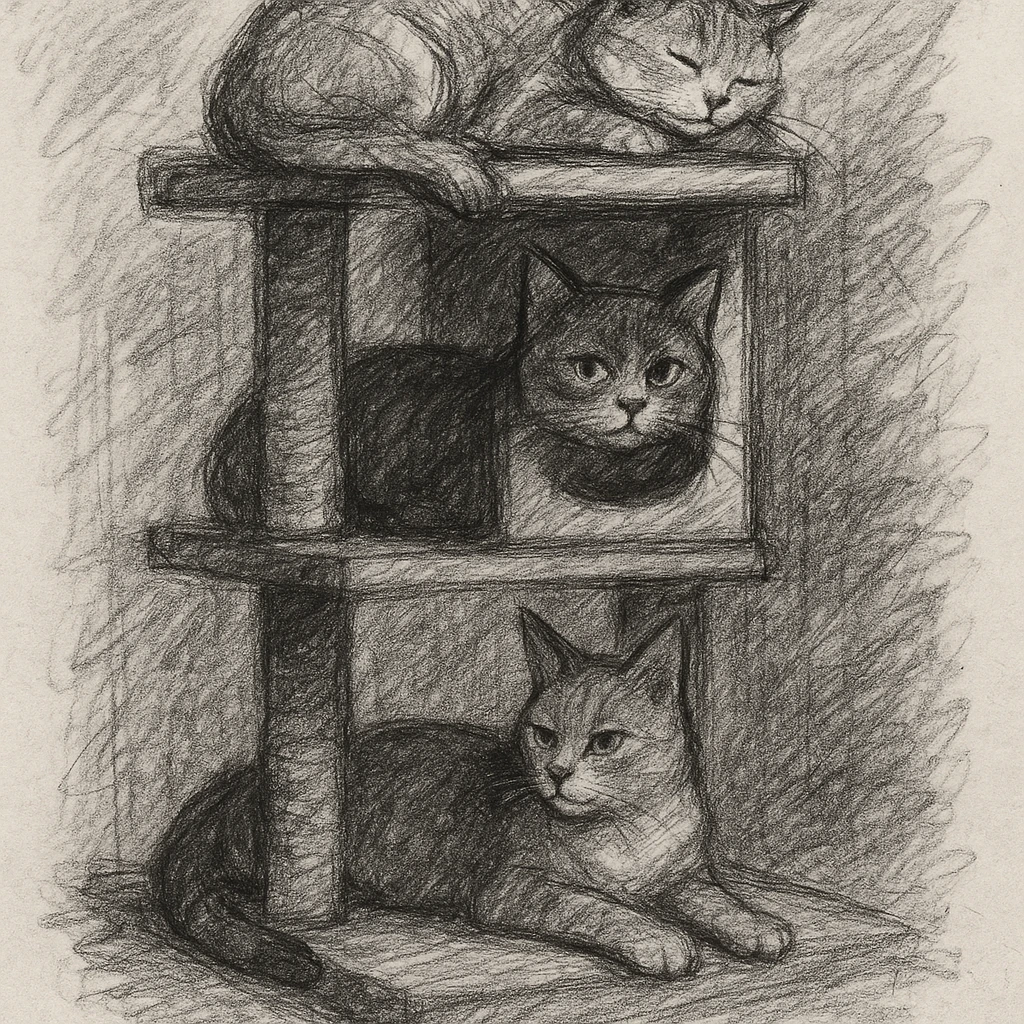cats relaxing in a vertical playhouse emoji