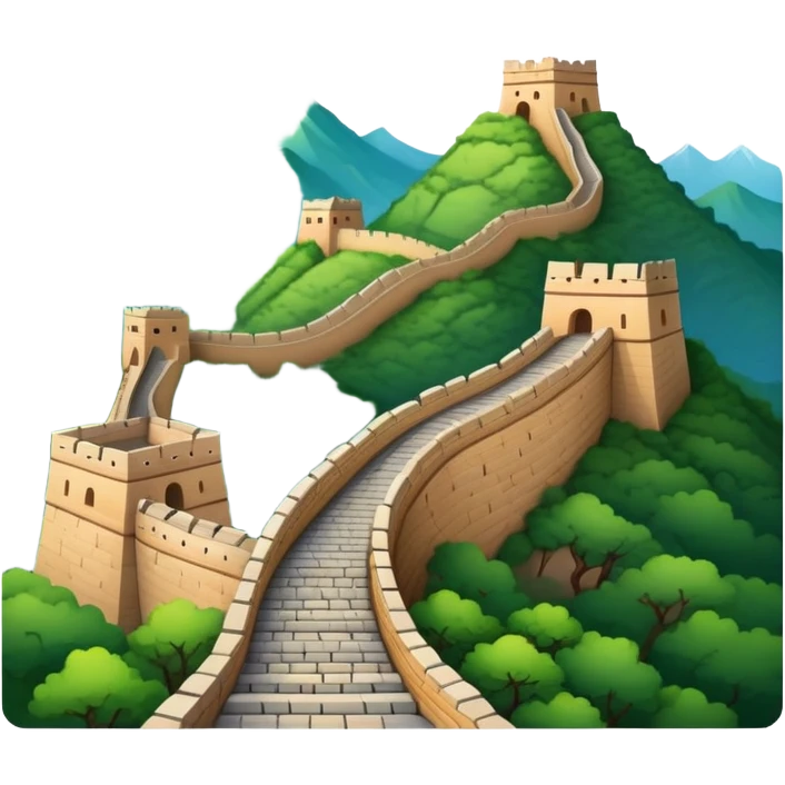 Great Wall of China, simplified emoji style with bold outlines and bright colors, cartoon style ancient wall on mountains emoji