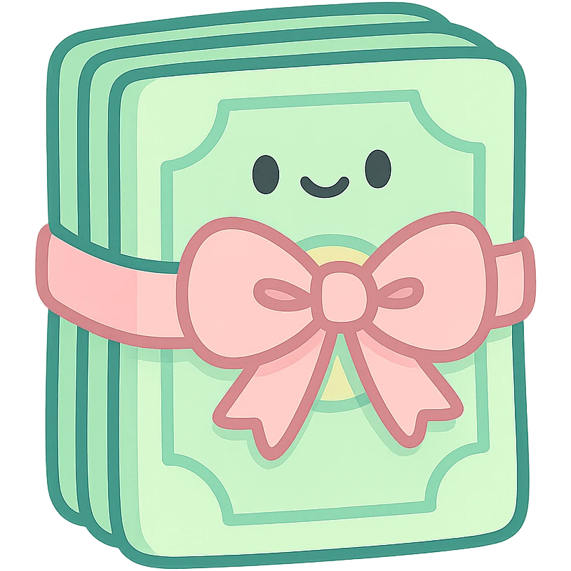 a stack of money in pastel colors, tied with a pastel pink bow, soft and cute emoji