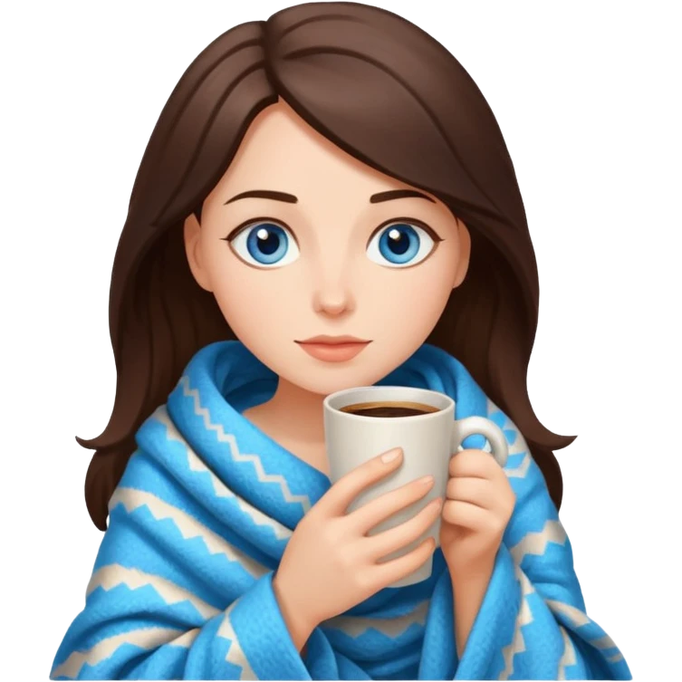 Brunette blue-eyed woman drinking coffee, with a cozy blanket emoji