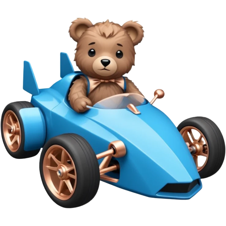 dark crystal blue and rosegold-accented faceted-body rc racing car driven by a small cute but fearless teddy baby bear with rear spoiler, roll bar, and wheely bar emoji